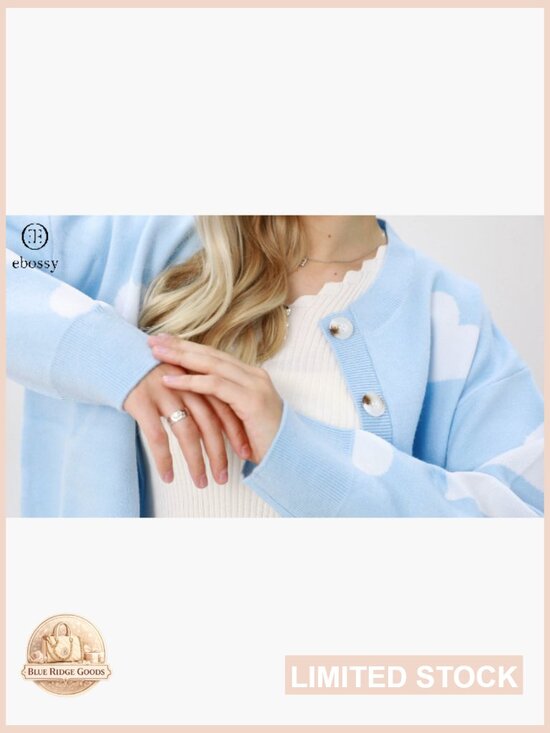 Ribbed Knit Cardigan Button Down Loose Fit Cropped Jacquard Sweater Coat - Picture 7 of 7